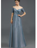 Off Shoulder Gray Blue Tulle Pleated Long Evening Dress